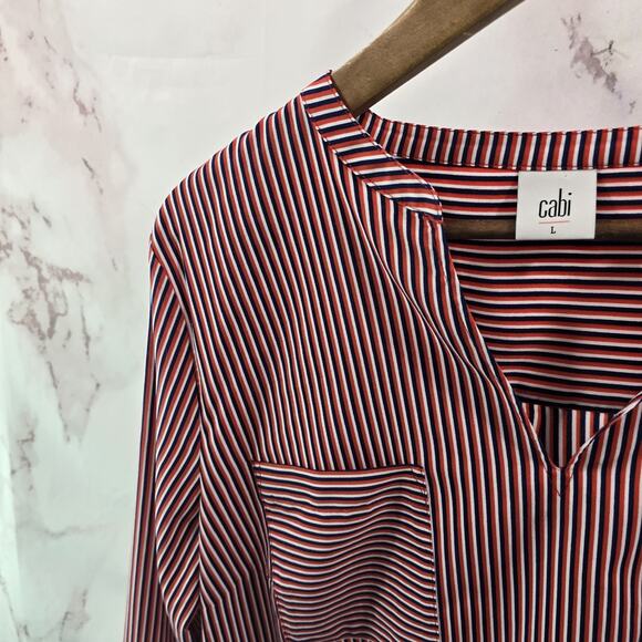 CAbi Shirt Womens Large Blouse Red Orange Blue Striped Button Up 5335 Franklin - Picture 2 of 11